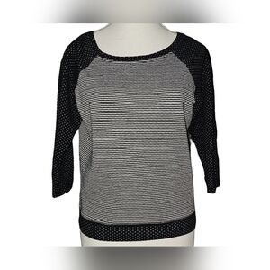 Betsey Johnson Womens Raglan Top Black Striped Polka Dot 3/4 Sleeve Knit Sz S